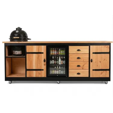 Buitenkeuken Dusseldorf | Zwart omlijst | Koelkast 70 liter |  Kamado 18 inch | Ladeblok | Douglas Hout | Kruishengen