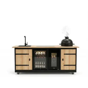Buitenkeuken Marseille | 70 Liter Koelkast | Wijnkoelkast | Met Wasbak | + Kamado BBQ | Zwart Omlijst | Douglas Hout