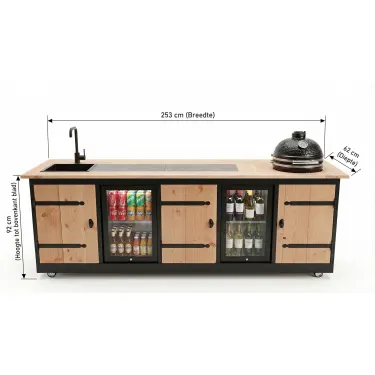 Buitenkeuken Kaapstad | 70 Liter Koelkast | Wijnkoelkast | Met Wasbak | + Kamado BBQ | Zwart Omlijst | Douglas Hout