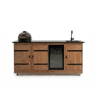 Buitenkeuken Antwerpen | Kamado 18 inch | Douglas Hout | Wasbak en kraan zwart | Koelkast 70 liter | 12 mm gesinterd stenen blad