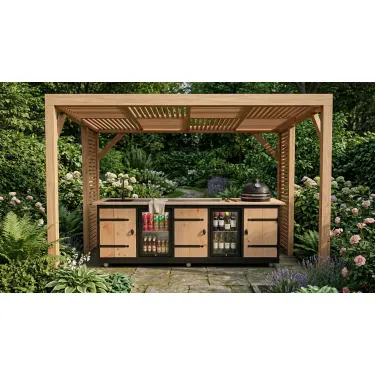 Buitenkeuken Kaapstad | 70 Liter Koelkast | Wijnkoelkast | Met Wasbak | + Kamado BBQ | Zwart Omlijst | Douglas Hout