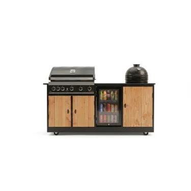 Buitenkeuken Marbella | Grandhall G5 | Stenen blad | 1 x koelkast 70 liter | Douglas Hout | Kamado 18 inch | Zwart omlijst