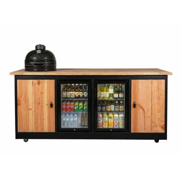 Buitenkeuken Bordeaux | Koelkast 70 liter 2 x | 18 inch kamado | Douglas Hout | Normale scharnieren | Zwart omlijst | Zwenkwielen