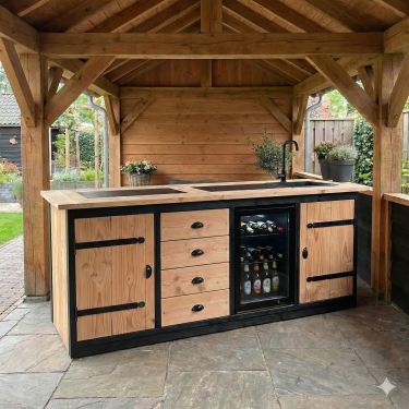 Buitenkeuken Bremen | 70 Liter Koelkast | Met Wasbak | Zwart Omlijst | Douglas Hout