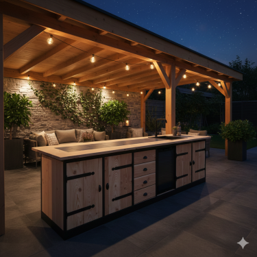 Buitenkeuken Nashville | 70 Liter Koelkast | Met Wasbak | Zwart Omlijst | Douglas Hout