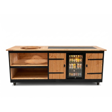 Buitenkeuken India | Verdiepte keuken | Koelkast 70 liter | Wasbak en kraan | Uitsparing Kamado Large | Zwart Omlijst | Douglas Hout