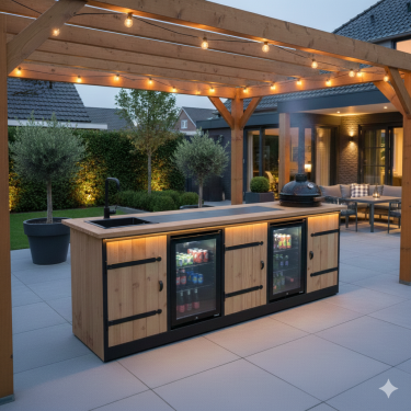 Buitenkeuken Kaapstad | 70 Liter Koelkast | Met Wasbak | + Kamado BBQ | Zwart Omlijst | Douglas Hout