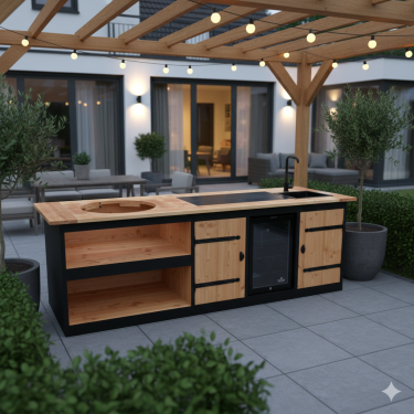 Buitenkeuken India | Verdiepte keuken | Koelkast 70 liter | Wasbak en kraan | Uitsparing Kamado Large | Zwart Omlijst | Douglas Hout