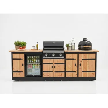 Buitenkeuken Oslo | Koelkast 70 liter | Douglas Hout | Kruisheng scharnieren | Kamado 16 inch | Grandhall G4 BBQ | Zwart omlijst