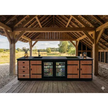 Buitenkeuken Sevilla | Koelkast 70 liter 2x | Douglas Hout | Kruisheng scharnieren | Wasbak en kraan | 2 pits inductie | Zwart omlijst | 12 mm gesinterd stenen blad
