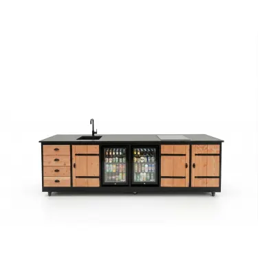 Buitenkeuken Sevilla | Koelkast 70 liter 2x | Douglas Hout | Kruisheng scharnieren | Wasbak en kraan | 2 pits inductie | Zwart omlijst | 12 mm gesinterd stenen blad