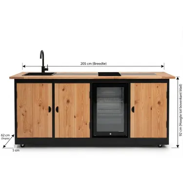 Buitenkeuken Caella | Koelkast 70 liter |  Douglas Hout | Normale scharnieren | Wasbak en kraan | 2 pits inductie | Pop-up stopcontact