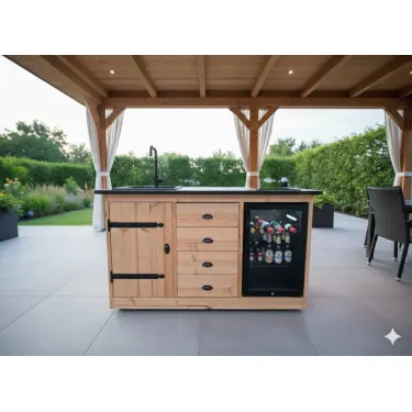 Buitenkeuken Frankfurt | Koelkast 70 liter | Douglas Hout | Normale scharnieren | Wasbak en kraan zwart | Zwenkwielen | 12 mm gesinterd stenen blad