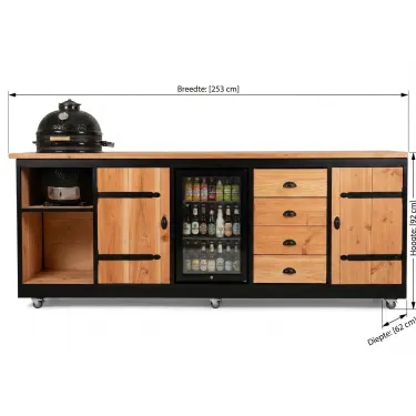 Buitenkeuken Dusseldorf | Zwart omlijst | Koelkast 70 liter |  Kamado 18 inch | Ladeblok | Douglas Hout | Kruishengen