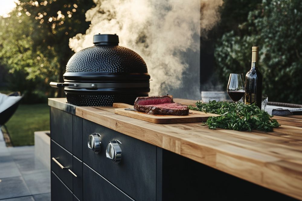 Buitenkeuken met staal en een kamado