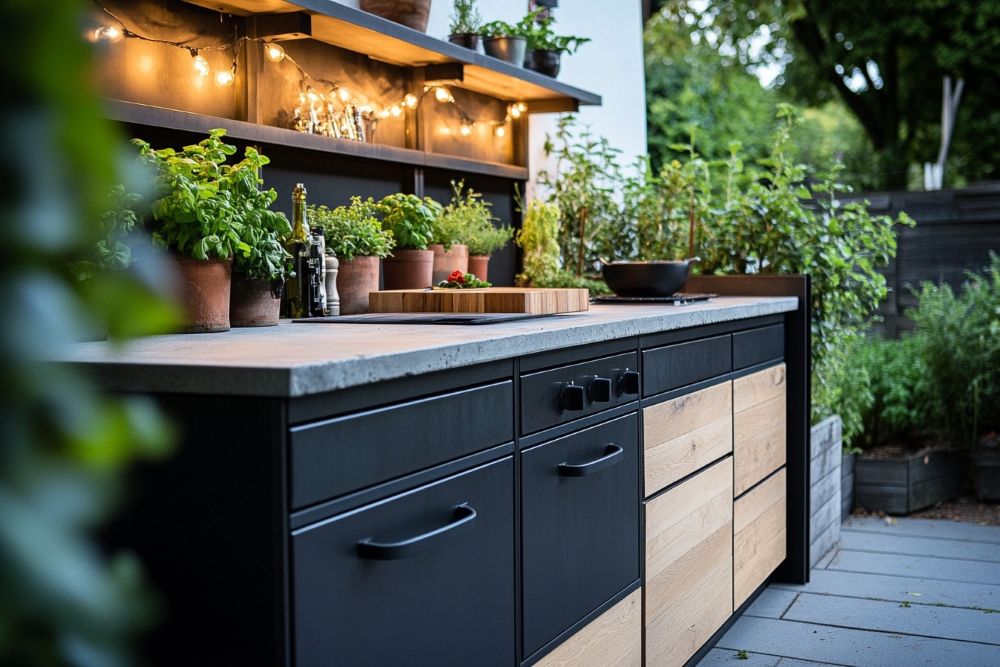 Buitenkeuken met staal en hout